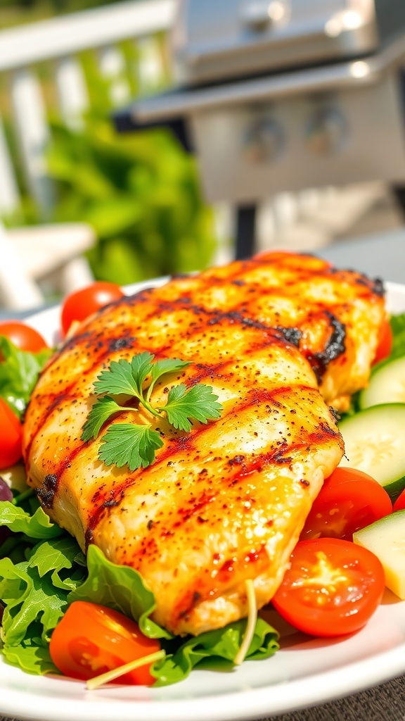 Grilled chicken breast on a plate with salad, garnished with parsley, in an outdoor setting.